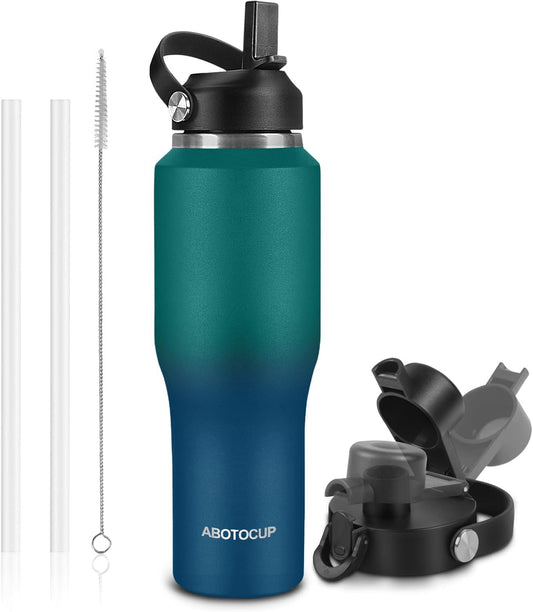 Insulated Water Bottle 32oz with Straw/Spout Lids, Stainless Steel Water Bottles Keep Cold 24h&Hot 12h, Metal Water Bottle with Straw that Fits in Cup Holder, Water Bottle Leak-proof,BPA Free
