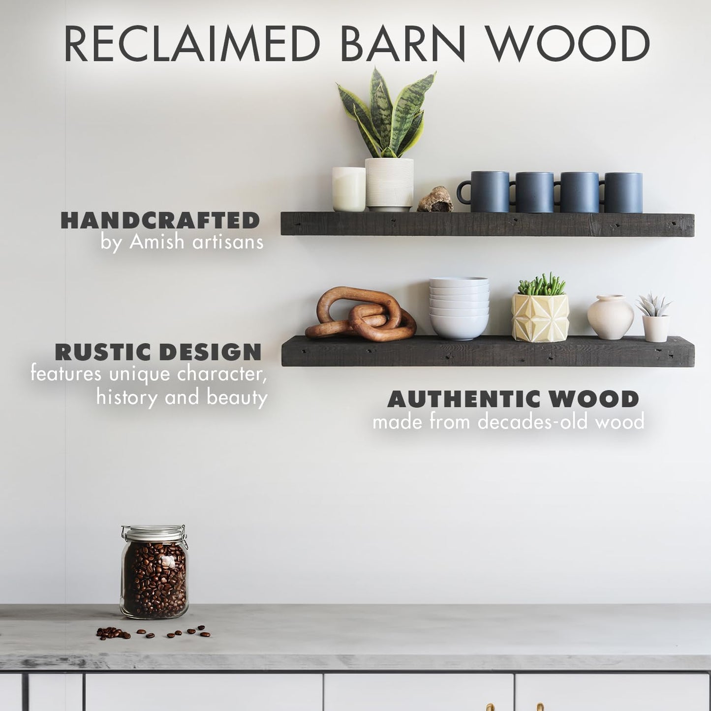 Urban Legacy Reclaimed Barnwood Planks | Floating Shelves for Wall w/Flush Mount Shelf Bracket Set Included | Set of 2 (Coffee Bean, 48" x 4.5" x 2")