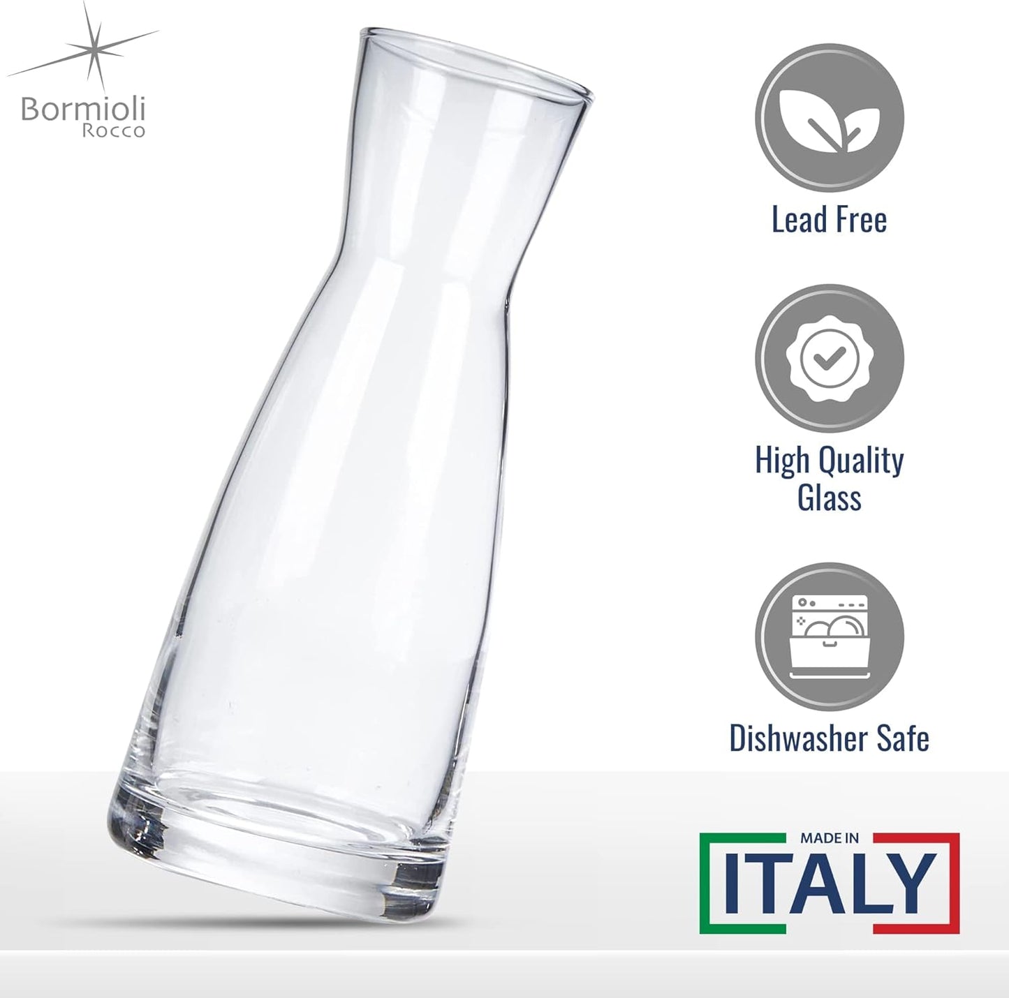 Bormioli Rocco Ypsilon Carafe Set with Cork Lids, Set of 2-36.25 oz Stylish Drink Set for Water, Milk, Juice, or Wine - Dishwasher Safe Modern Glassware for Dining & Entertaining