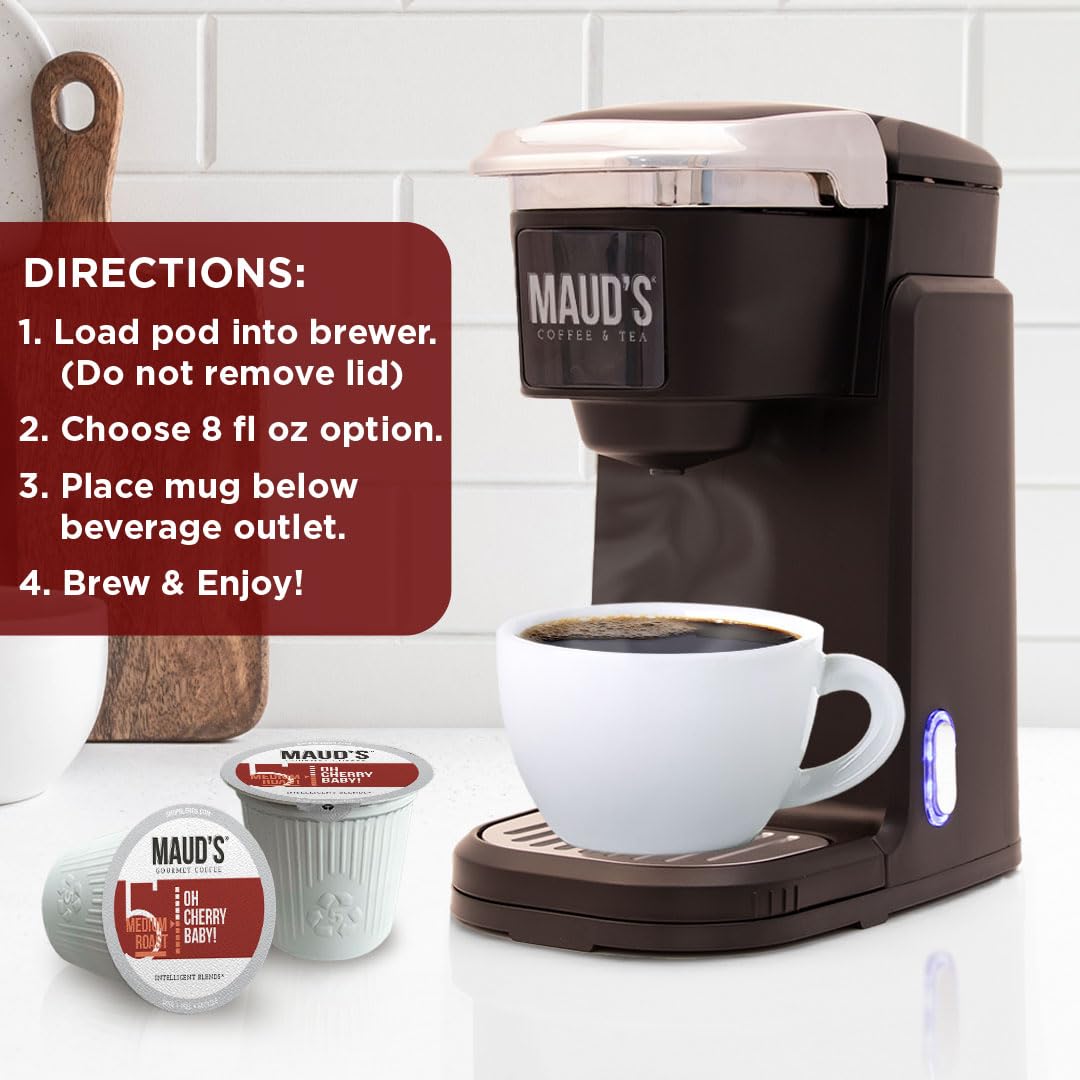 Maud's Cherry Flavored Coffee Pods, 18 ct, Medium Roast Flavored Coffee in Recyclable Single Serve Pods – 100% Arabica Beans, Compatible with Keurig K Cups Maker