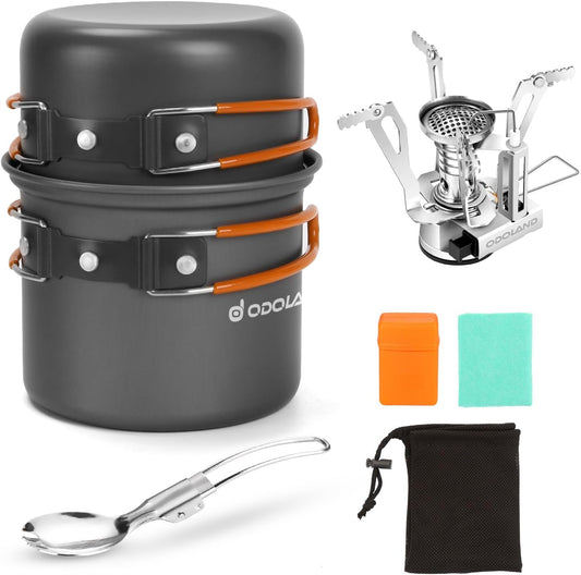 Odoland 6pcs Camping Cookware Mess Kit with Lightweight Pot, Stove, Spork and Carry Mesh Bag, Great for Backpacking Outdoor Camping Hiking and Picnic
