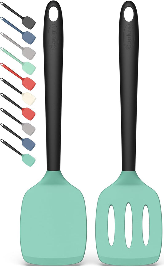 Coukre 2 Pack Silicone Spatula Set, High Heat Resistant, BPA Free Kitchen Spatula, Solid & Slotted Turner for Non-Stick Pans, Saut?ing, and Flipping (2, AquaGreen)