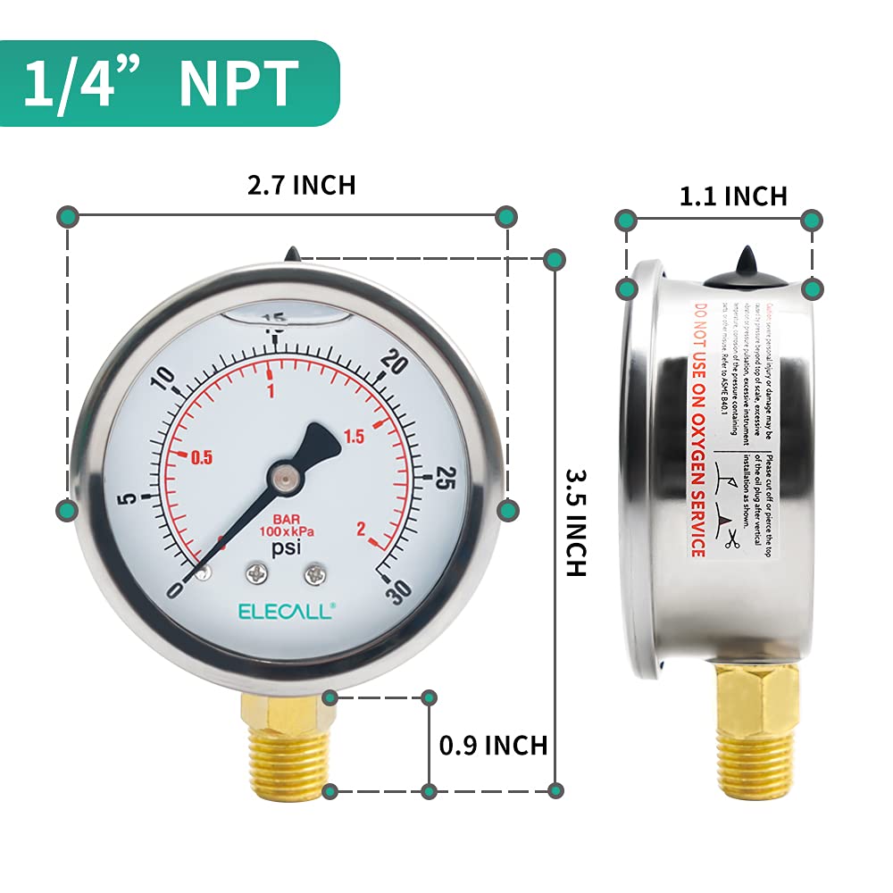 ELECALL 2-1/2” Glycerin Liquid Filled Air Pressure Gauge, 0-30Psi, 1/4”NPT Lower Mount, Stainless Steel Case, Brass Internals, Water Pressure Gauge