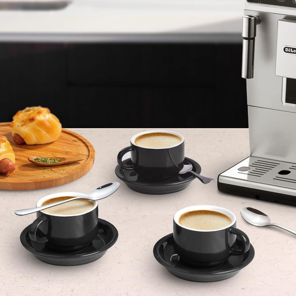 homEdge Premium Espresso Shot Cups and Saucers Set with Espresso Stainless Steel Spoons - 2.5 oz, Set of 4, Black