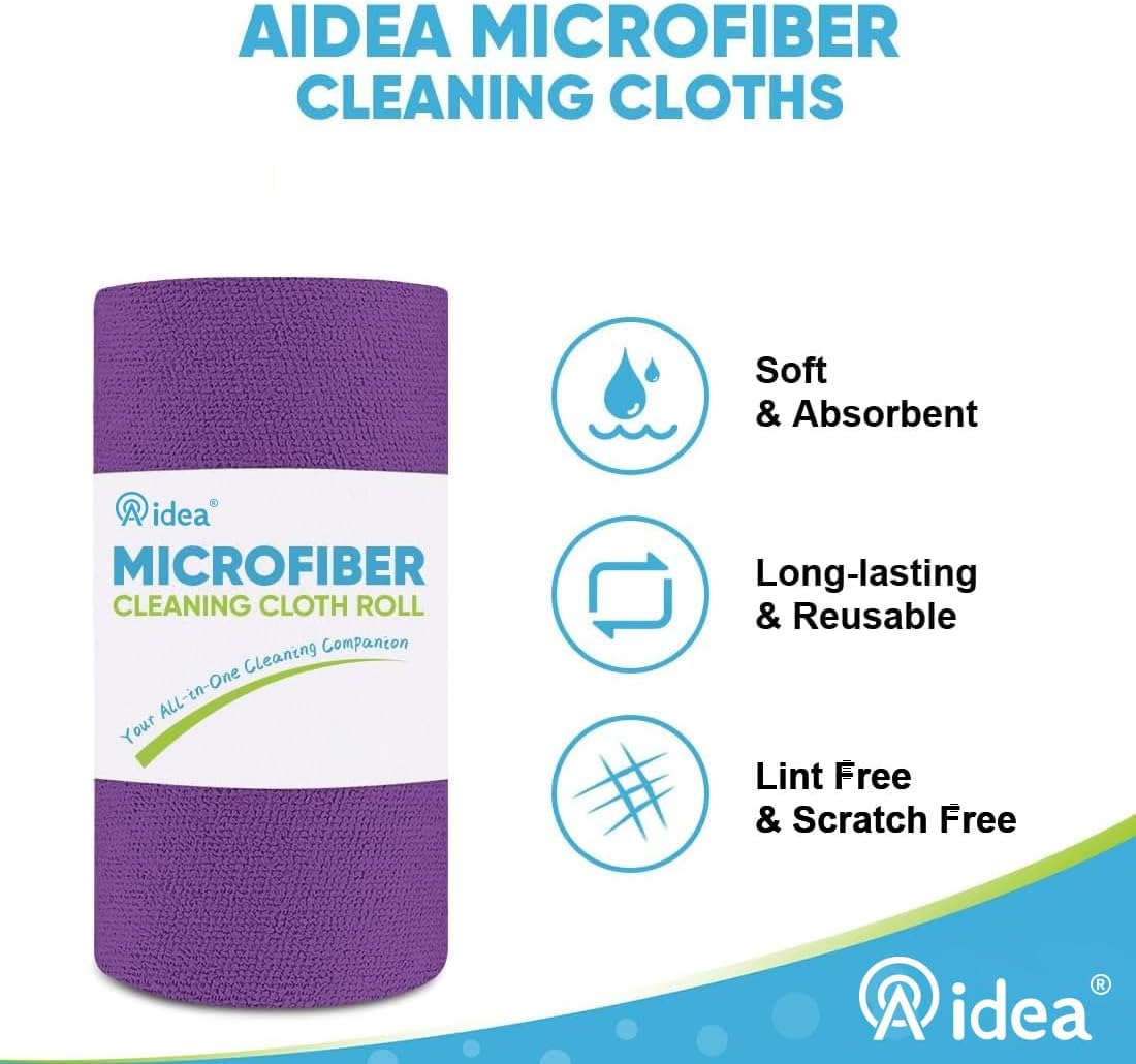 AIDEA Microfiber Cleaning Cloth Roll, 75PK, Reusable Paper Towels Tear Away Cloth, Microfiber Towels for Cars, Lint Free Cleaning Rags for House, Kitchen, Window, 11.5"×11.5", Purple