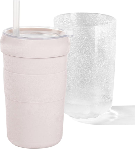 Iced Coffee Tumbler, 45℉ Insulated Beer Mug for Freezer, (Ice-Free) Double-walled Freezable Slushie Cup with Stainless Steel Liner, Travel Coffee Mug Reusable, with Lid and Straw, 16oz (1, White)