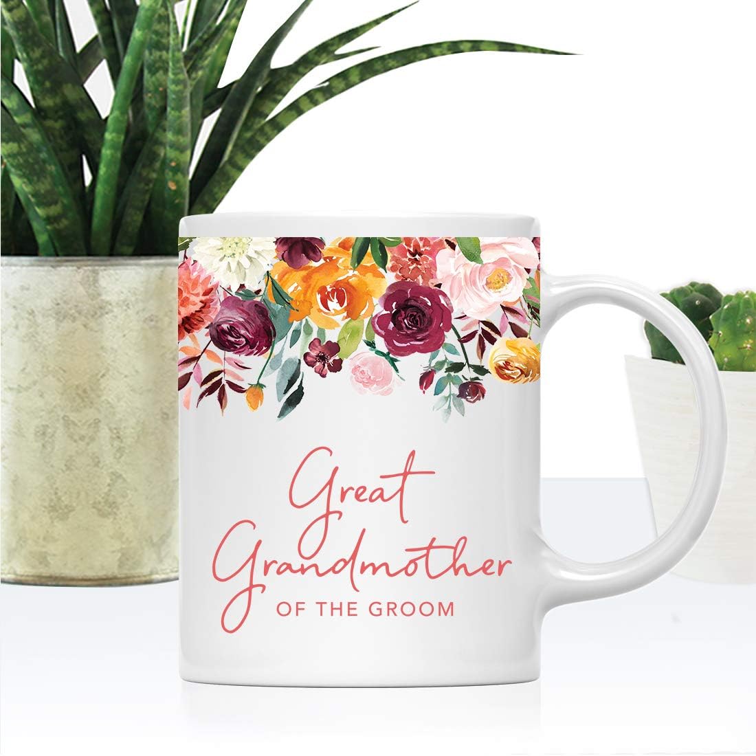 Andaz Press 11oz. Wedding Ceramic Coffee Tea Mug Gift, Fall Autumn Burgundy Orange Peach Flowers Roses Florals, Great Grandmother of the Groom, 1-Pack, Includes Gift Box