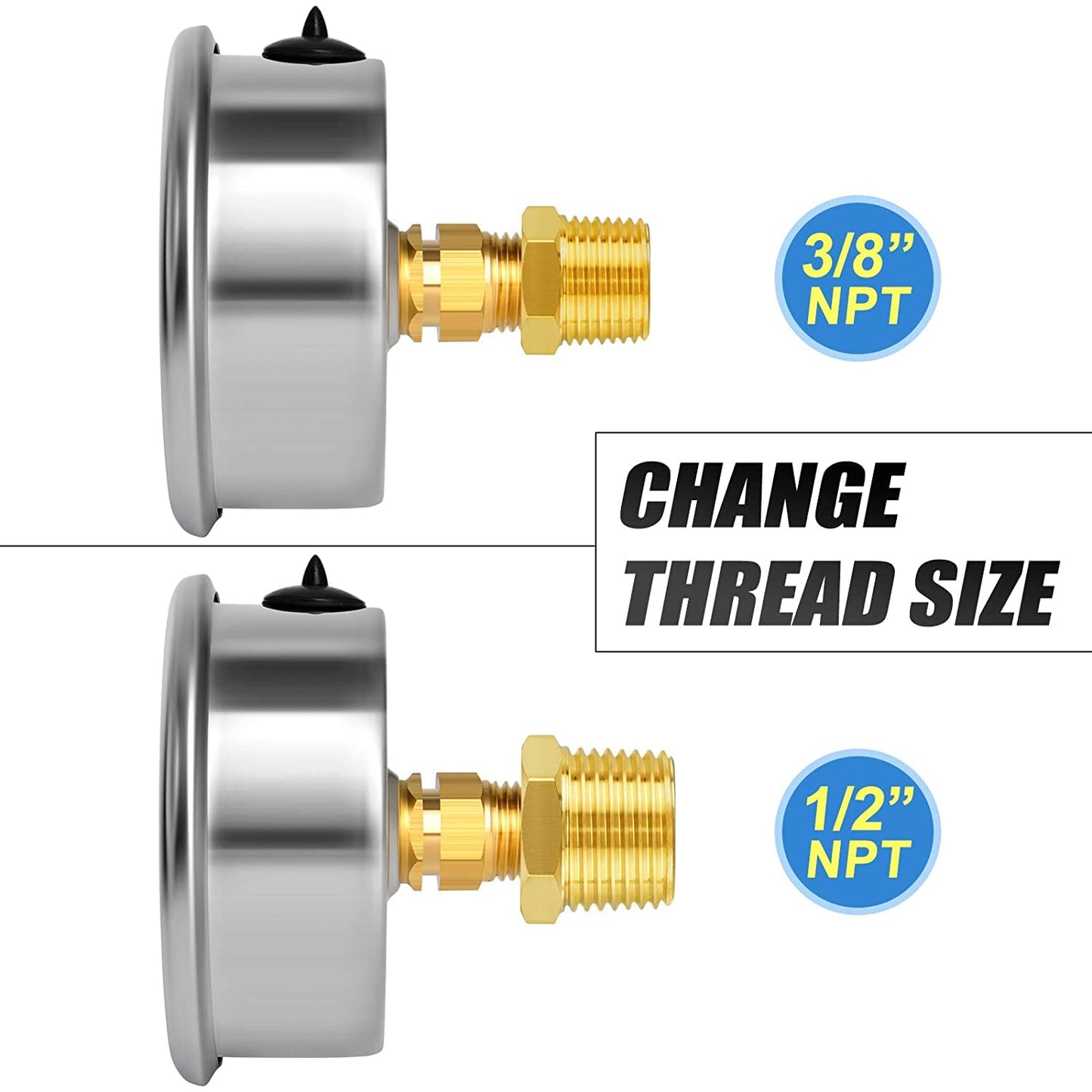 MEANLIN MEASURE 0~160Psi Stainless Steel 1/4" NPT 2.5" FACE DIAL Liquid Filled Pressure Gauge WOG Water Oil Air Back Mount (Pack of 2), with 1/2" NPT and 3/8" NPT Hex Bushing