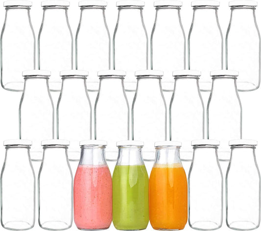 QAPPDA 12 oz Glass Bottles, Glass Milk Bottles with Lids, Vintage Breakfast Shake Container, Vintage Drinking Bottle with Chalkboard Labels and Pen for Party,Kids,Set of 20
