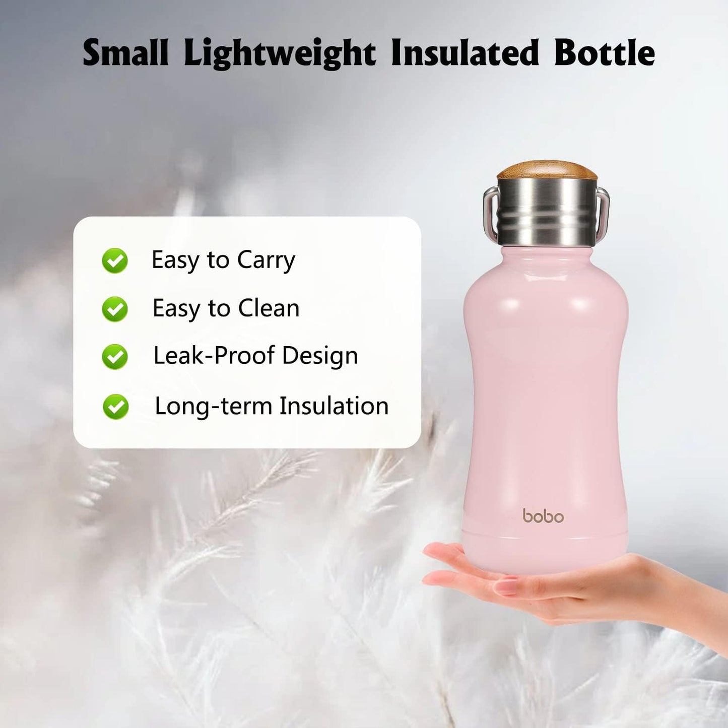YOHKOH Mini Insulated Water Bottle With Bamboo Lid - 8.8oz Small Vacuum Insulated Water Bottle for Women Kids, 12 Hrs Hot & 24 Hrs Cold Stainless Steel Thermos Leak-Proof BPA-Free (8.8oz,Pink)