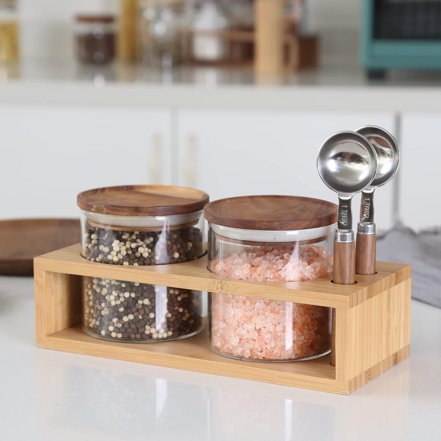 KKC HOME ACCENTS Airtight Borosilicate Glass Food Storage Jars with Wood Lids and Scoop for Coffee,Tea,Sugar,Salt,Wooden Top Glass Sealed Jars,18 Fluid Ounces