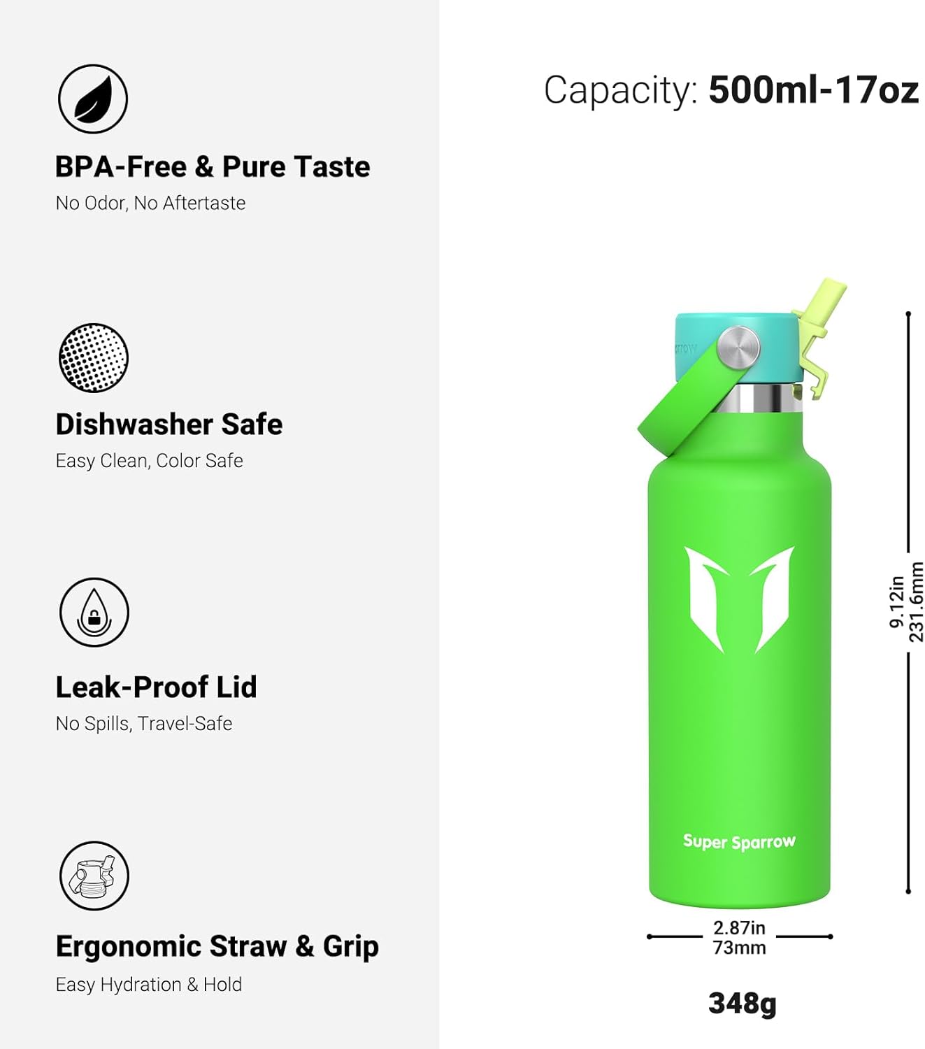 Super Sparrow Insulated Water Bottle - 17 Oz / 25 Oz / 32 Oz - Standard Mouth FlipFlow Flask - BPA Free, Leak Proof Drink Bottle- Ergonomic Straw Water Bottles for Work, Gym, Travel, Sports