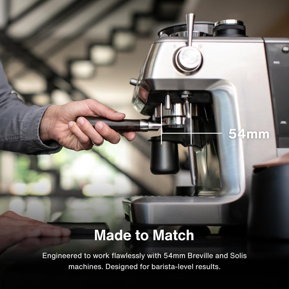 Crema Coffee Products 54mm Bottomless Naked Portafilter | Compatible with 54mm Breville Machines | Includes Double Shot Filter Basket | Walnut