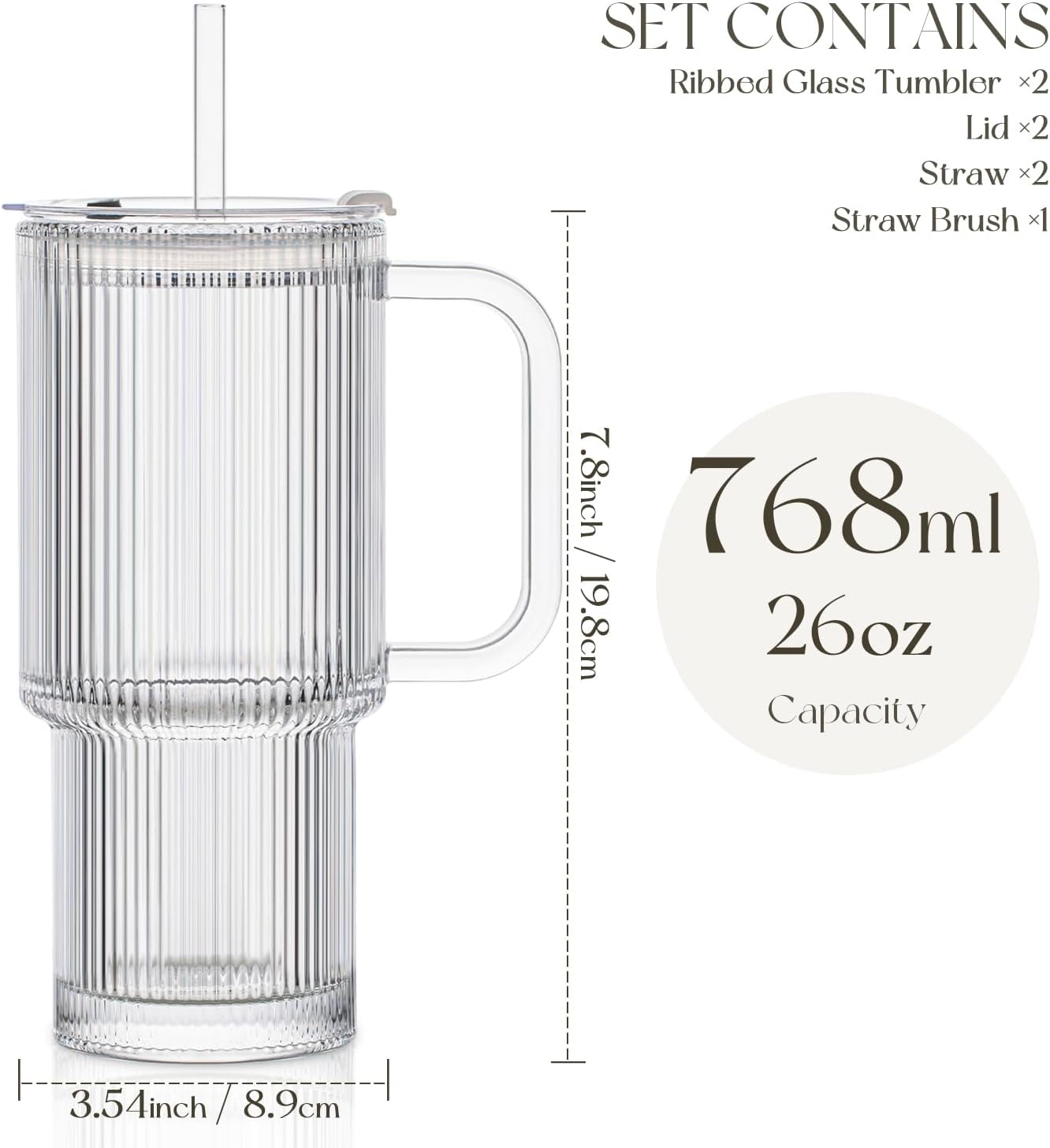 KEMORELA 2-Pack 26oz Ribbed Glass Tumblers with Handle & Lid – Large Iced Coffee Cups with Straws, Aesthetic Glass Mugs for Cold & Hot Drinks, Reusable Smoothie & Tea Cups (2PCS Ribbed Tumblers)