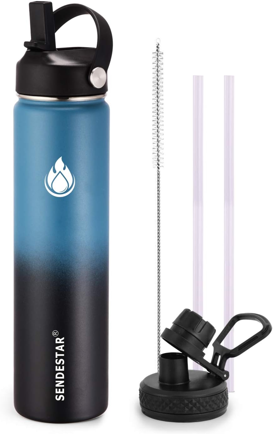 SENDESTAR Water Bottle 24oz Double Wall Vacuum Insulated Leak Proof Stainless Steel Sports Water Bottle—Wide Mouth with New Flex Straw Lid & Spout Lid (Deep Blue&Black)