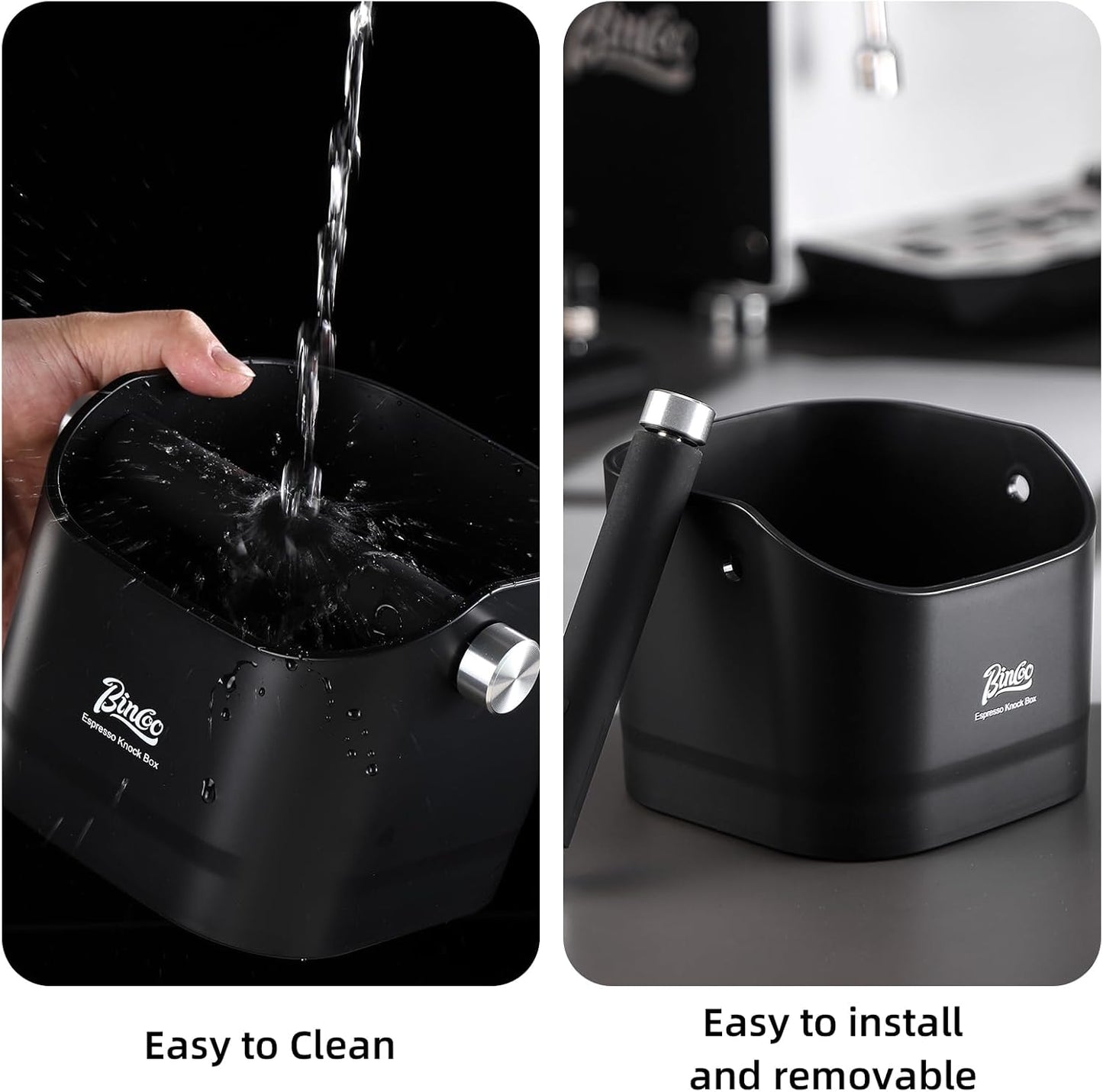 Espresso Knock Box - Bincoo Black Espresso Machine Knock Box/Espresso Grounds Knock Box, Barista Style Coffee Knock Box for Grounds with Removable Shock-Absorbent Knock Bar and Anti-Slip Base. (Black)