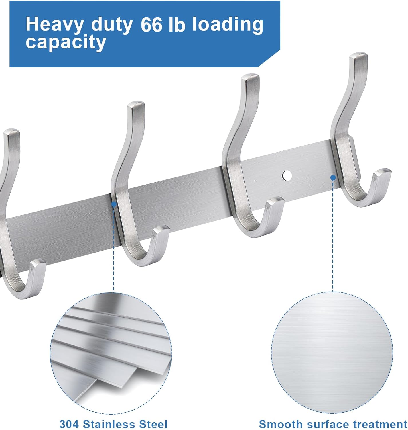Wall Hooks Heavy Duty, 23 Inch Coat Rack Wall Mount with 8 Hooks, Silver Wall Hooks for Hanging Backpack, Bag, Purse, Clothes, Hat, Coat, Towel | Entryway & Bathroom Storage Organization Hanger