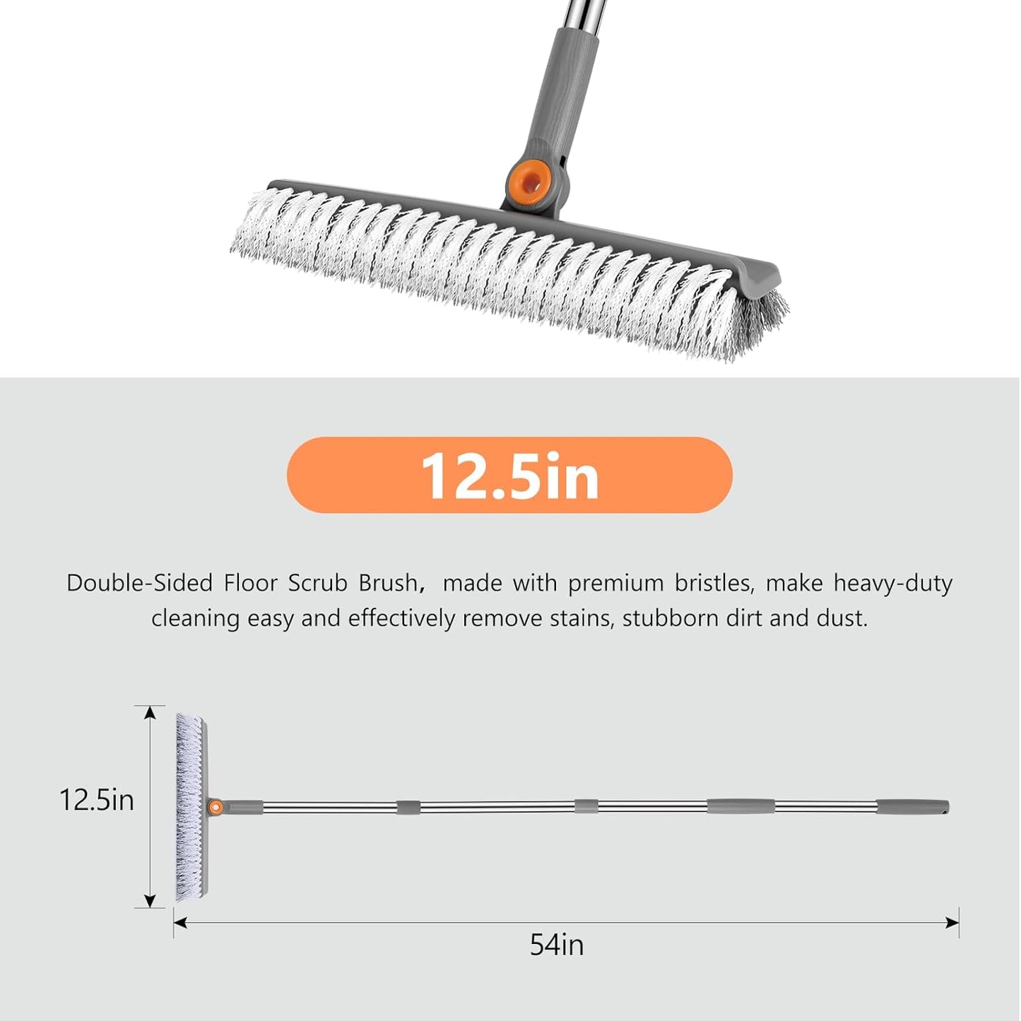 Large Double-Sided Floor Scrub Brush, Long Adjustable Handle Floor Scrubber 180¡Æ Rotating V-Shaped Heavy-Duty Shower Cleaning Brush No Scratches Suitable for Floor, Tile, Tub, Bathroom, 12.5IN