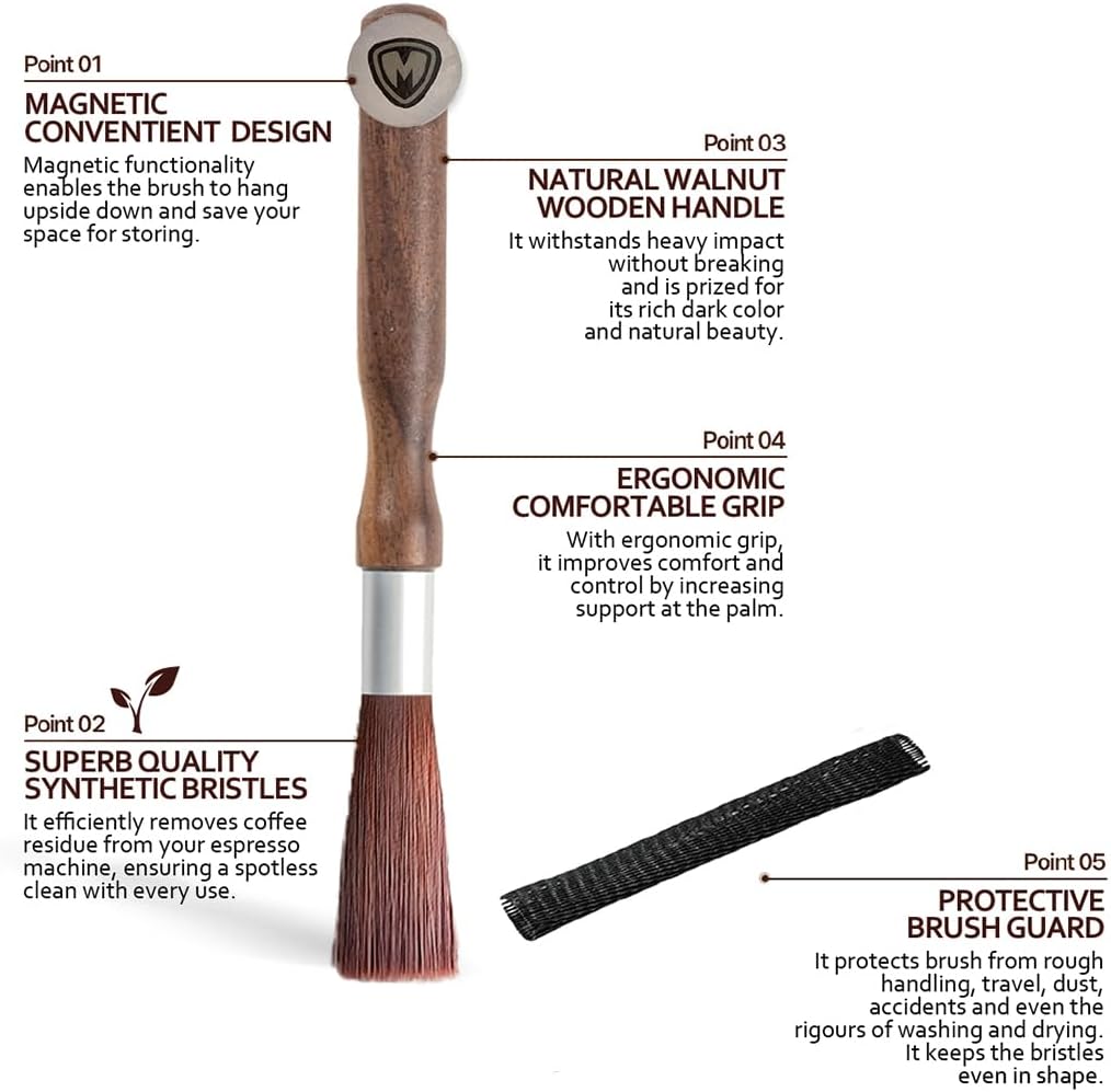 MAGNET Professional Coffee Grinder Cleaning Brush Coffee Brush Handling Accessory Tool Walnut Brush Handle Synthetic Bristle with magnetic snap for Camping Home Kitchen Barista