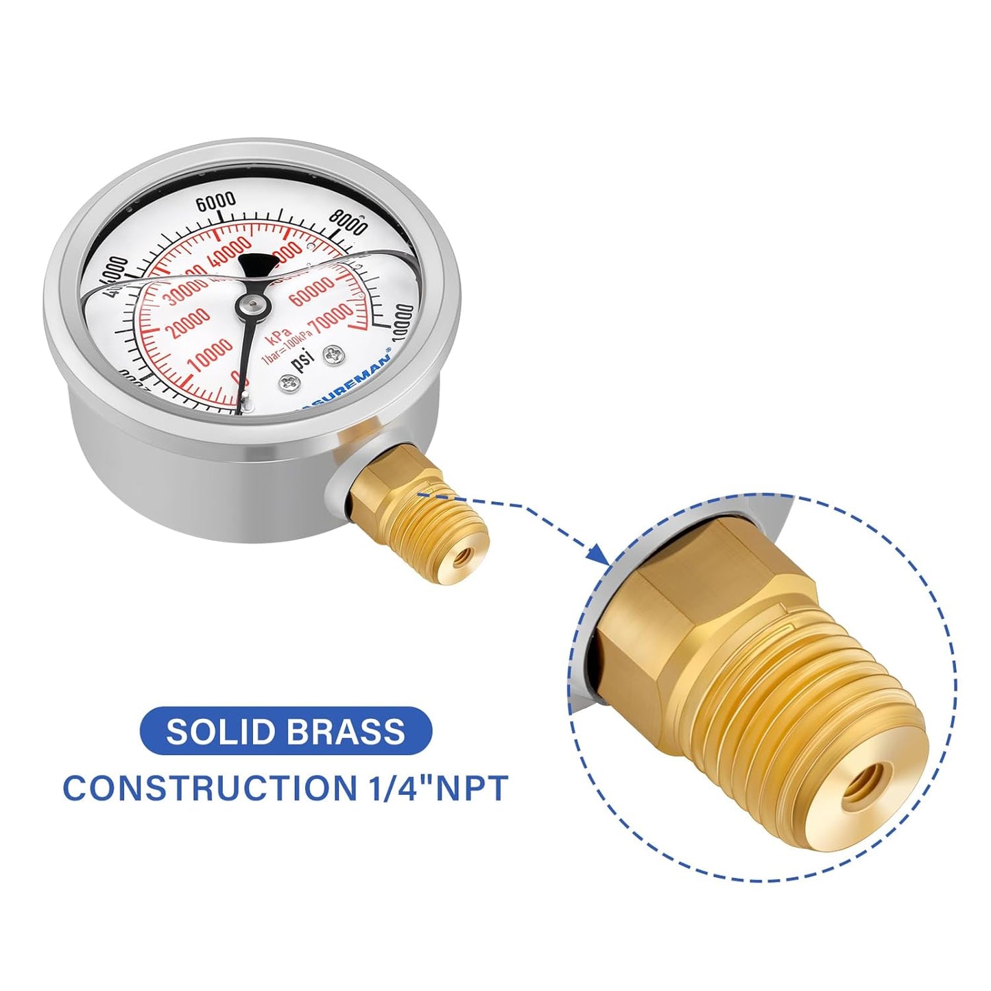 MEASUREMAN 2-1/2" Dial Size, Glycerin Filled Pressure Gauge, 0-10000psi/kpa, 304 Stainless Steel Case, 1/4" NPT Lower Mount
