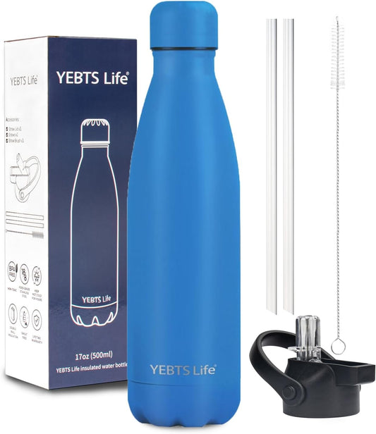 Insulated Water Bottle, 17oz Stainless Steel Water Bottles with straw lid, Metal Sports Water Bottles for Boys,Girls, Double Wall Vacuum BPA-Free Flask for School, Sports (Ocean Blue)