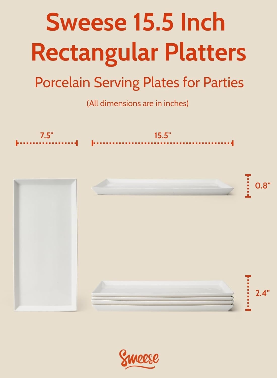 Sweese White Serving Platters, Porcelain Serving Trays for Parties, Large Rectangular Plates - 15.5 Inch, Set of 4