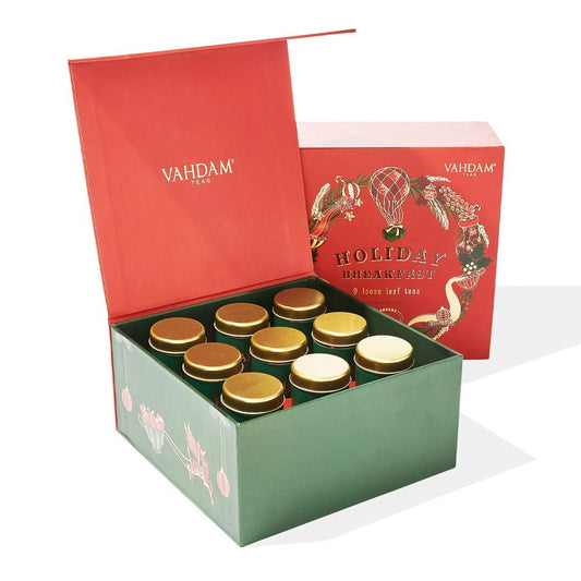 VAHDAM, Holiday Breakfast - Christmas Tea Gift Sets (90+ Cups) 9 Loose Leaf Tea - Luxury Gift Box | Christmas gifts 2024 Ideas | Christmas Gifts For Women, Men & Adults I Holiday Tea Gift Box