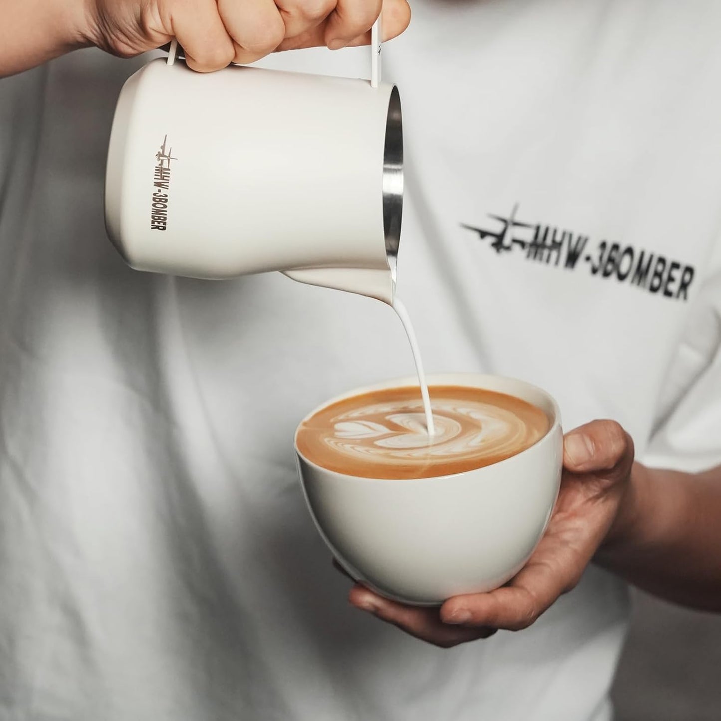 MHW Bomber 450ml/15.2oz Milk Frothing Pitcher - Stainless Steel Espresso Steaming Pitcher - Barista Latte Art Round Spout Milk Jug P6006W