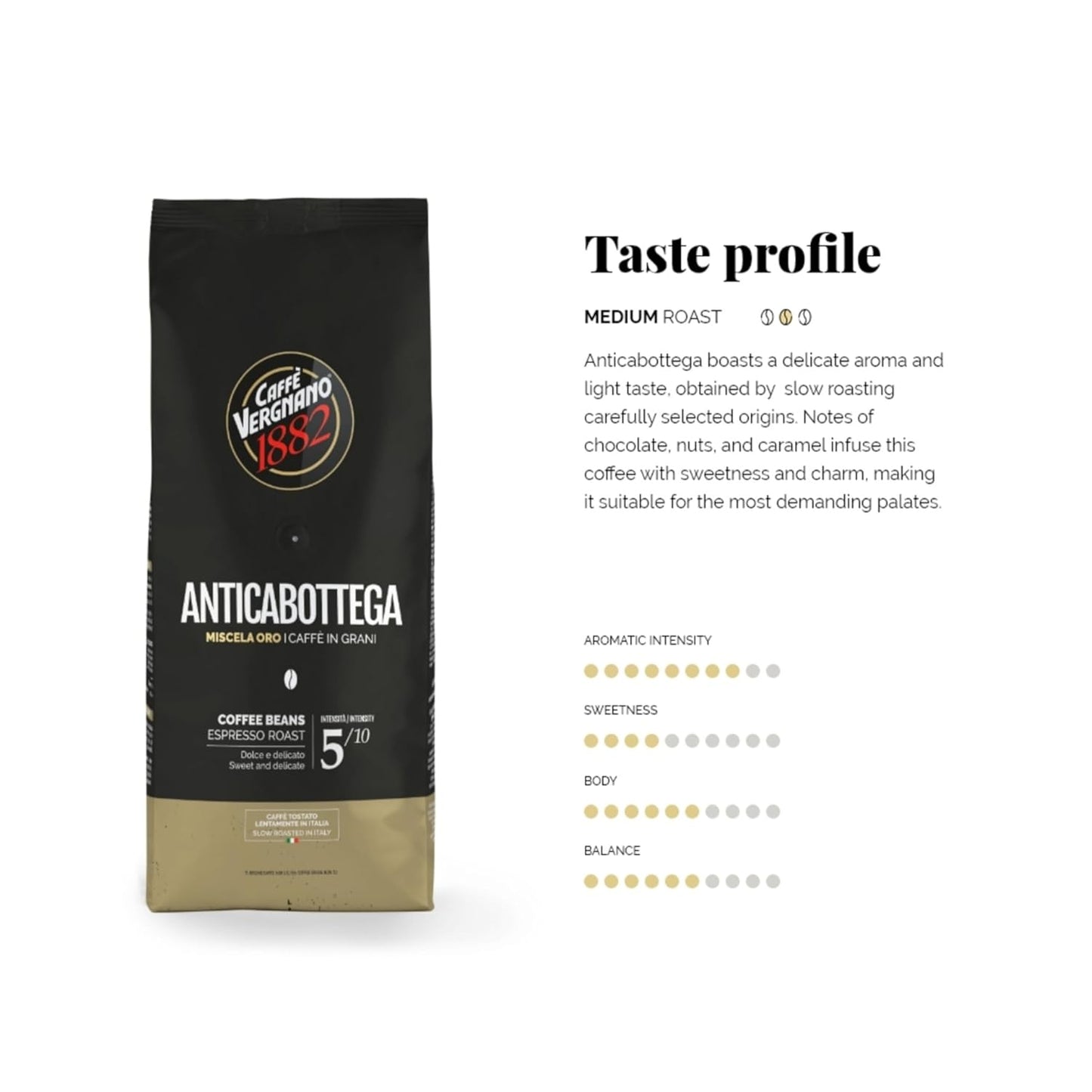 Caffe Vergnano 1882 Antica Bottega Whole Bean Arabica Medium Roast Espresso, 1.1 lbs Bag - Italian Coffee Beans with notes of Chocolate, Nuts & Caramel, Intensity 5/10-500g Bag