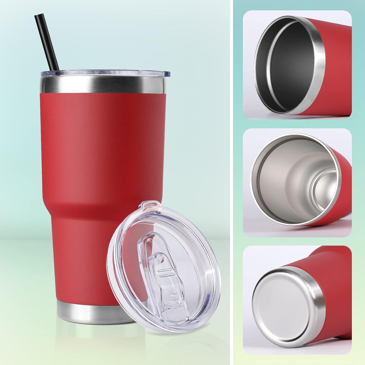 DOMICARE 30 oz Tumbler with Lid and Straw, Stainless Steel Tumblers Bulk, Insulated Vacuum Double Wall Travel Coffee Mug, Durable Powder Coated Tumbler Cup (Red, 1)