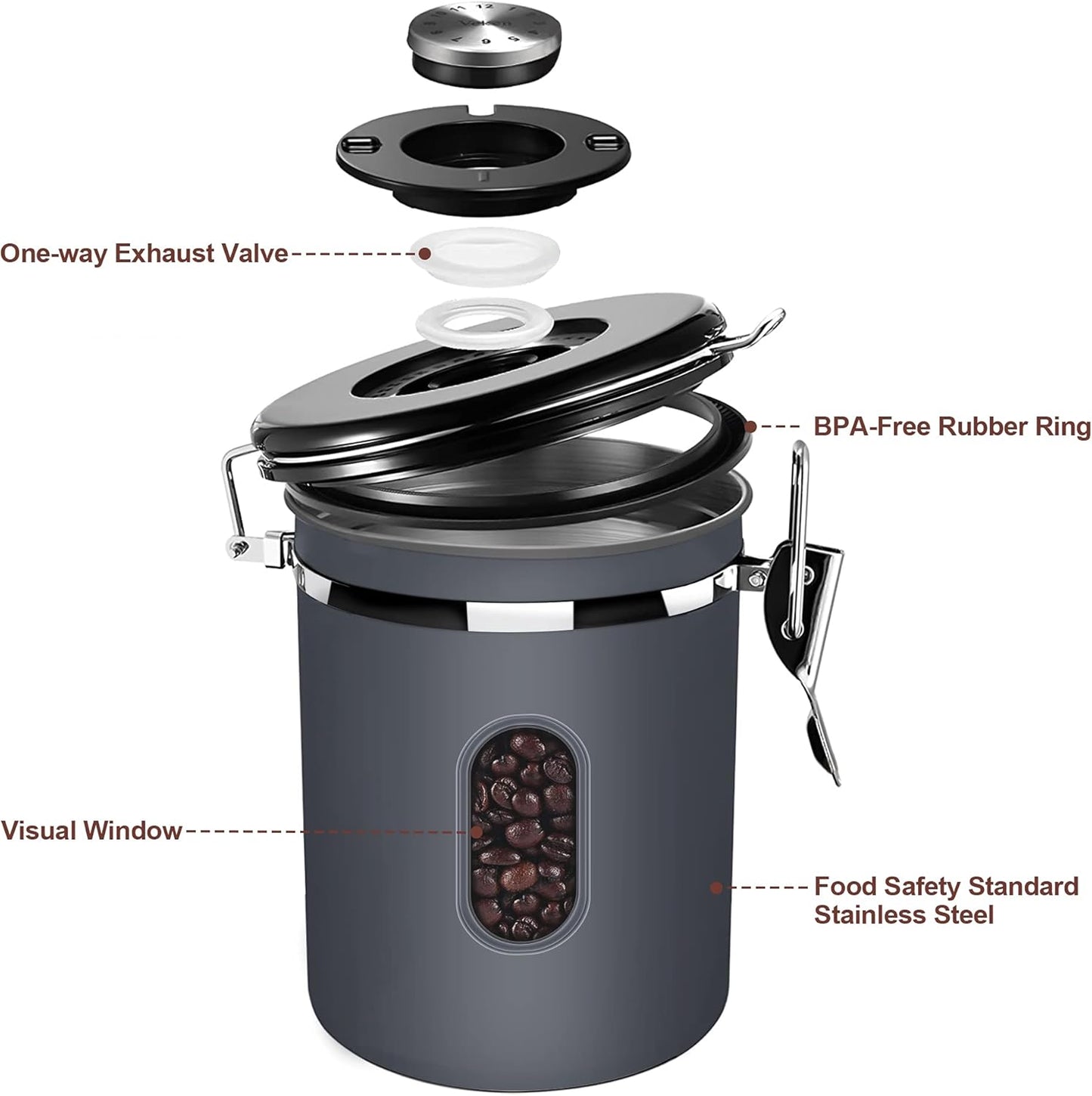 1500ML Airtight Coffee Canister with Date Tracker&Transparent Window, 18OZ Coffe Beans Storage with 30ML Measure Spoon&4 co2 Valve, Coffee Container for Grounds Coffee, Beans, Tea, Sugar, Flour(Gray)