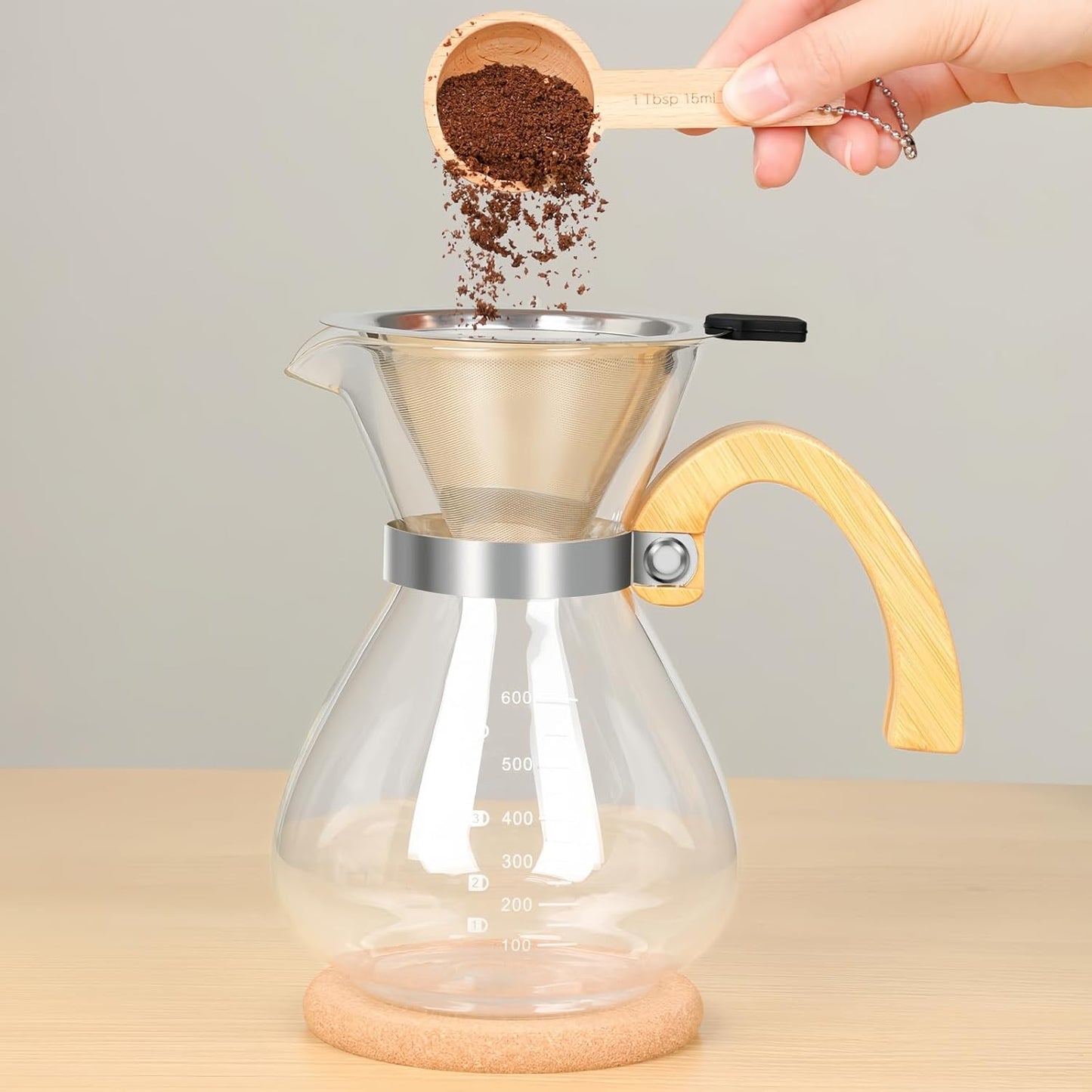 Pour Over Coffee Maker Set, with Double-Layer Stainless Filter and Wooden Handle, 20 oz 600ml Thickened Borosilicate Glass Pour Over Coffee Dripper for Home Café
