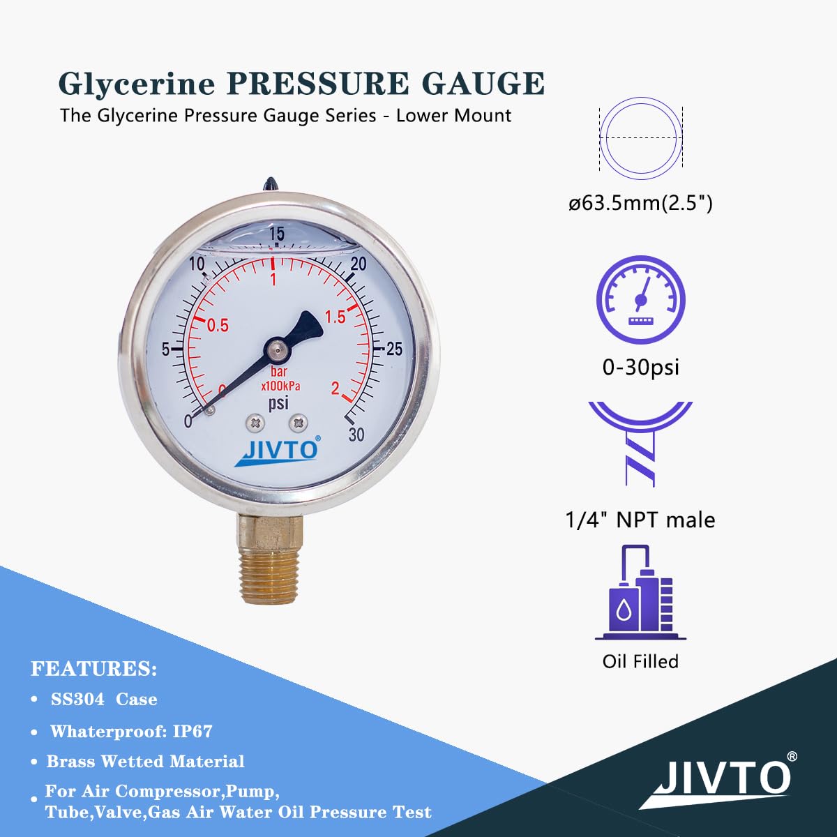 Pressure Gauge,Glycerin Liquid Filled,2-1/2" Dual Scale Dia,0-30 psi/bar/kpa,1/4" NPT Male Brass Connection,Lower Mount, Stainless Steel Case,for Pneumatic,Pump,Hose,Well Tank,Gas Air Water Oil