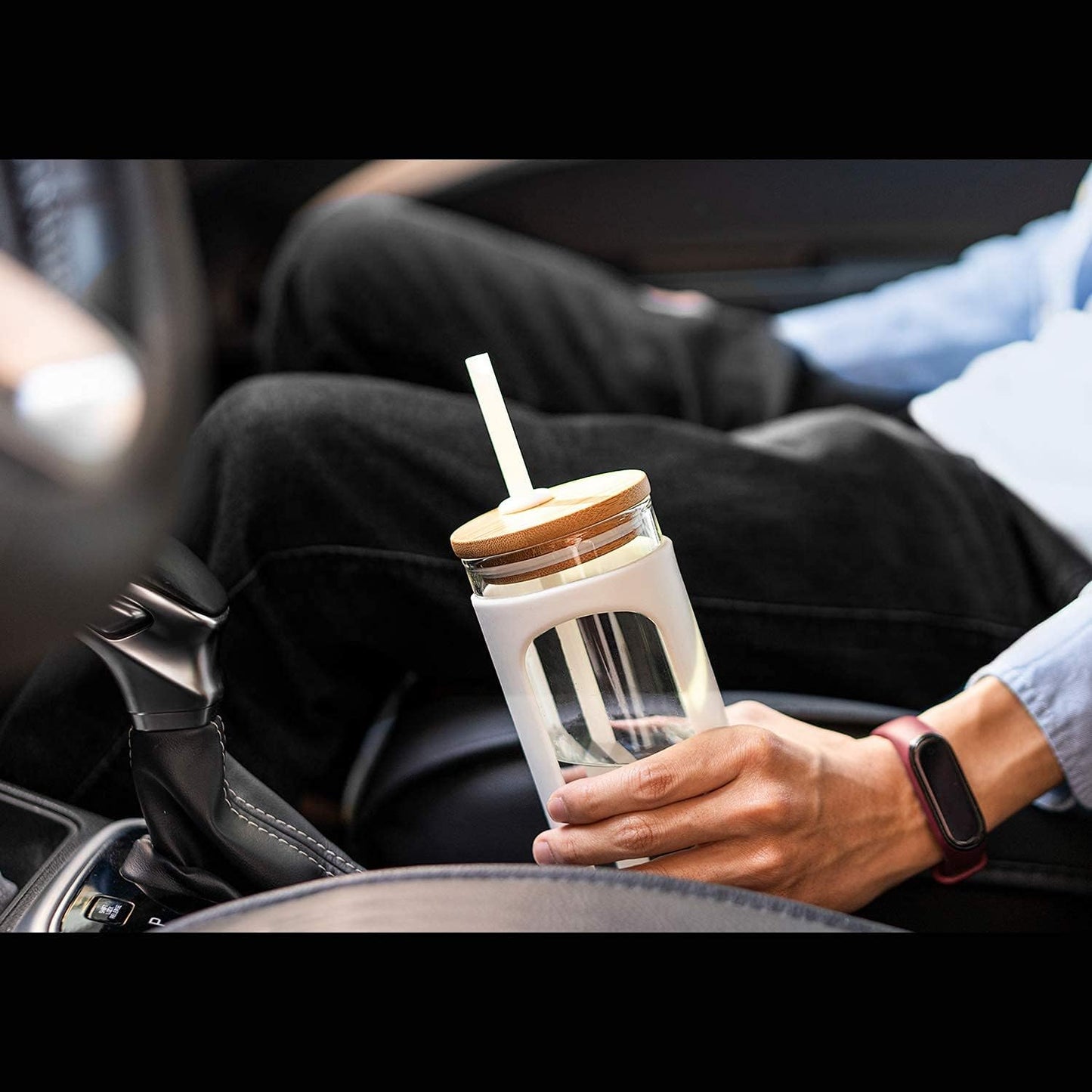 Kodrine 20oz Glass Tumbler with Straw and Lid, Bamboo Lids Water Bottle, Reusable Iced Coffee Cups, Wide Mouth Smoothie Cup with Protective Silicone Sleeve BPA FREE-White+Black-2pack