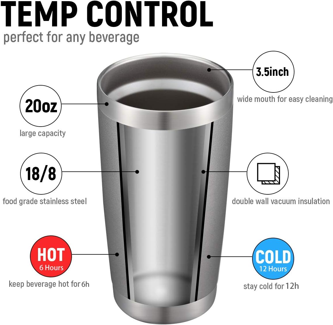 COMOOO 20oz Double Wall Vacuum Insulated Travel Mug, Stainless Steel Tumbler with Lid, Durable Powder Coated Insulated Coffee Cup for Cold & Hot Drinks (Cold Grey, 6 Pack)