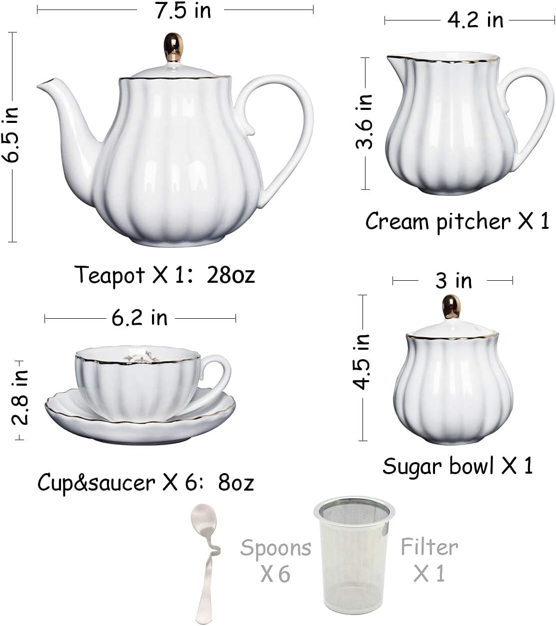 Porcelain Tea Sets British Royal Series, 8 OZ Cups& Saucer Service for 6, with Teapot Sugar Bowl Cream Pitcher Teaspoons and Tea Strainer, Suitable for High Tea, Wedding, Party (Violet)
