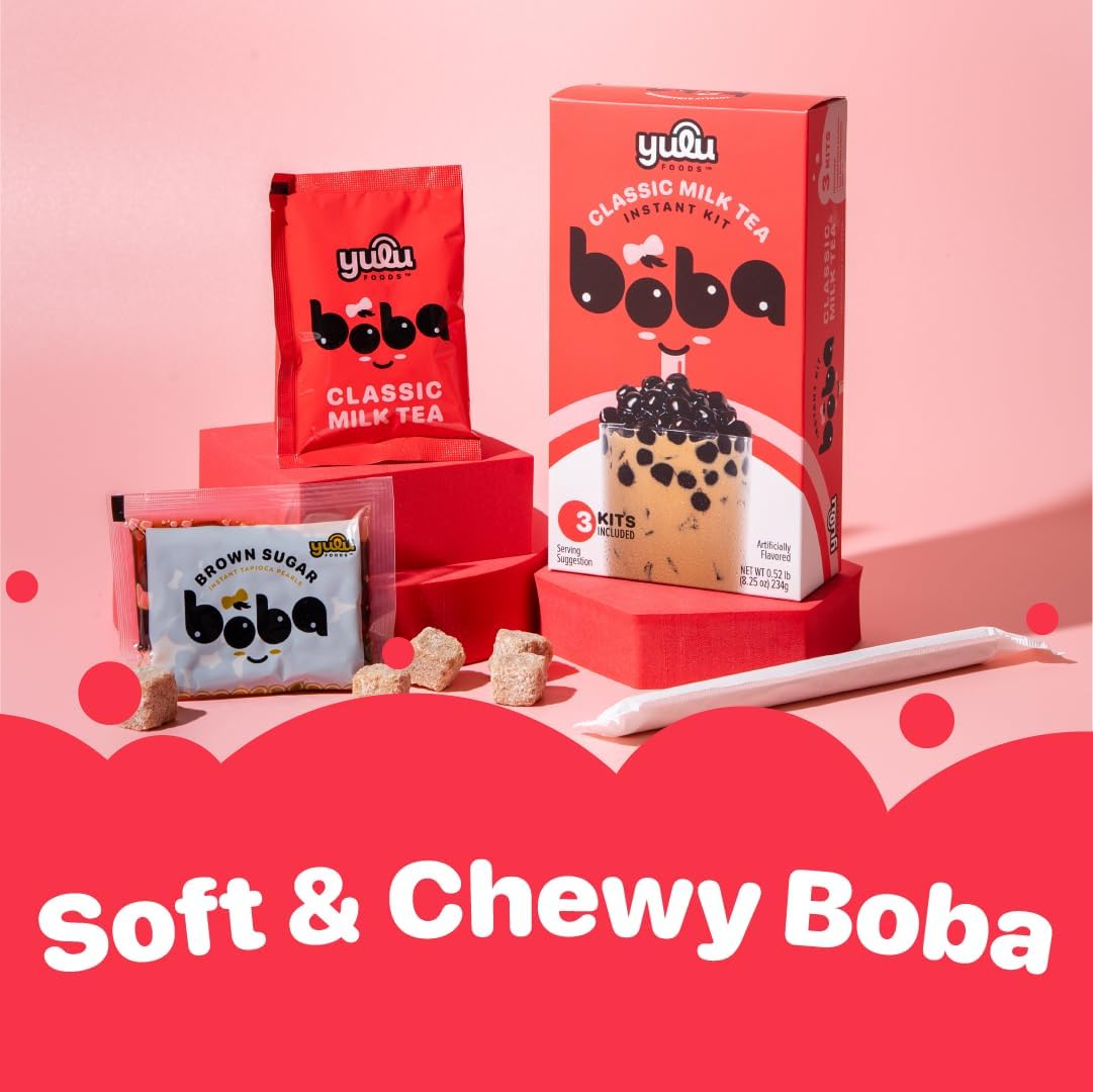 YULU FOODS Instant Bubble Pearl Classic Milk Tea Kit with Authentic Brown Sugar Tapioca Pearls, Ready in Under One Minute, Paper Straws Included – 3 Servings