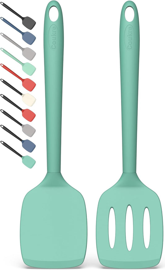 Coukre 2 Pack Silicone Spatula Set, High Heat Resistant, BPA Free Kitchen Spatula, Solid & Slotted Turner for Non-Stick Pans, Saut?ing, and Flipping (2, PureAquaGreen)
