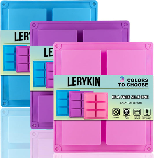 3 Pack Silicone Soap Molds, 6 Cavities Rectangle Silicone Mold, Great for Homemade Craft Soap Mold, Chocolate, Cake Molds £¦ Ice Cube Tray - Just Pop Out£¨Pink & Blue & Purple£©