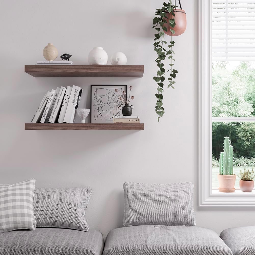 Floating Shelf, Set of 3 Wall Shelf, 24 in W x 12.75 in D x 2 in H Wooden Floating Wall Shelf with Invisible Brackets for Living Room/Bedroom/Bathroom/Kitchen Storage and Decor, Walnut