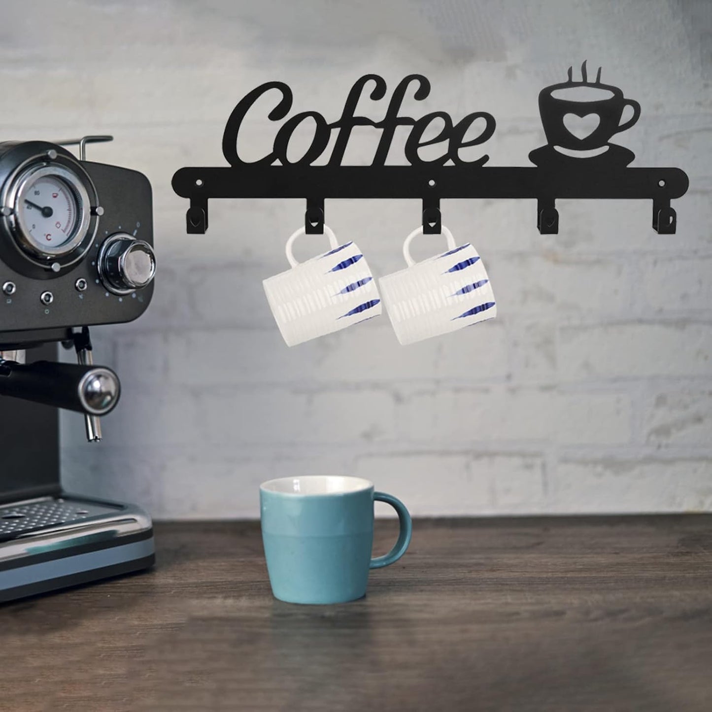 TOPZEA Wall Mounted Coffee Mug Holder, Metal Cups Rack with 5 Hooks Mugs Storage Hanger, Space Saving Hanging Organizer for Kitchen, Bar Station Accessories, Coffee Sign Decor