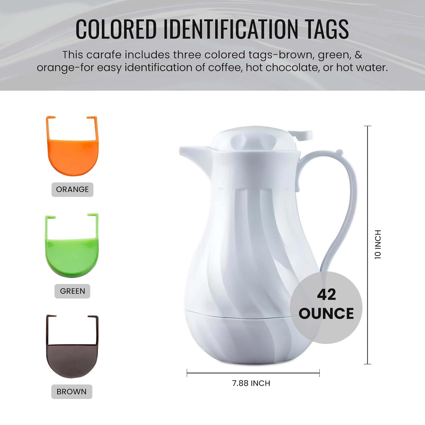 OCS Parts Easy Pour Thermal Coffee Carafe | 10-Inch Insulated Hot and Cold Beverage Pitcher Server for Coffee, Tea, Hot Chocolate and Water with Colored Tags for Easy Idenfication | 42-Ounce | White