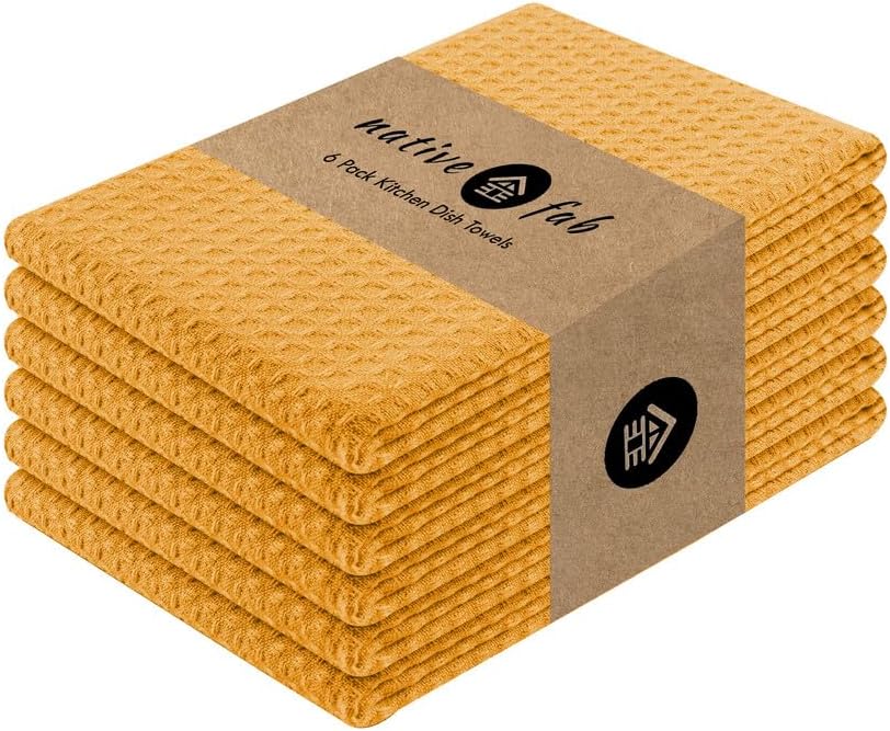 Native Fab Cotton Kitchen Towel with Hanging Loop 16x26 inches, 6-Pack, Waffle Weave Kitchen Towels for Cleaning Drying, Washcloths Soft & Absorbent Cloth Rags, Bar Towel, Dish Cloth, Mustard Yellow