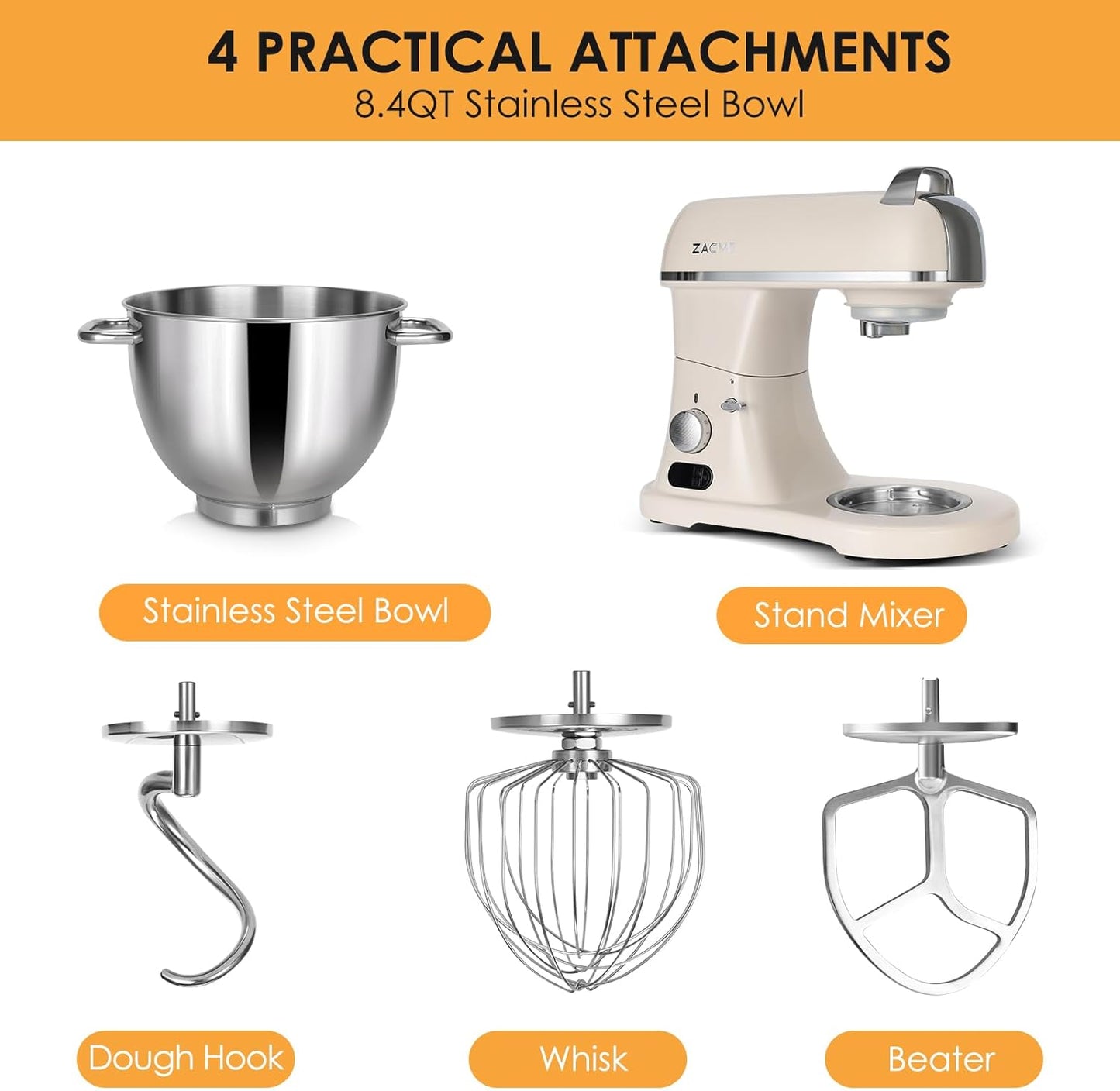 8.4QT Commercial Stand Mixer 800W with NSF Certified and Aluminum Die Casting, Mixers Kitchen Electric Stand Mixer Metal Food Mixer with Stainless Steel 8L Bowl, Dough Hook, Whisk and Beater