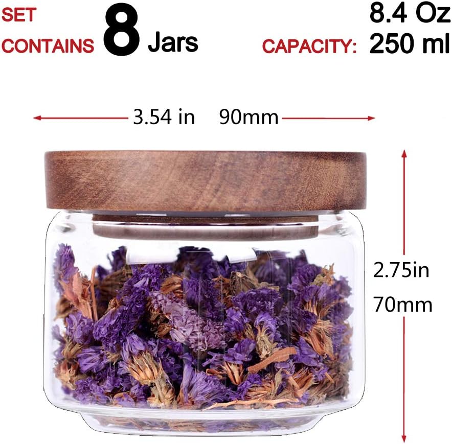 8 Pcs Spice Containers - 8.5oz Glass Spice Jars With Acacia Airtight Lid and Labels - Stackable Empty Round Spice Bottles for kitchen Seasoning, coffee bean, tea, suger, herbs