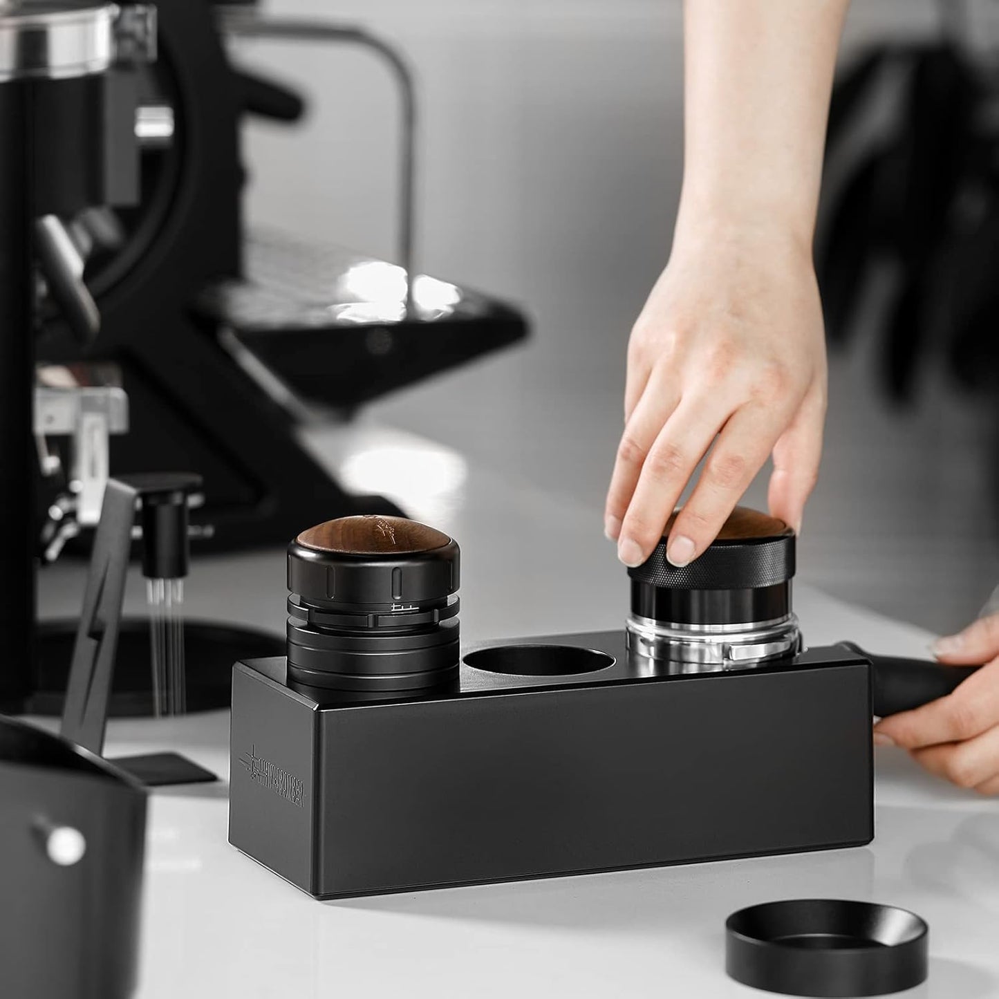 MHW-3BOMBER Espresso Tamping Station, 4 in 1 Tamper Station for Storage 51-58mm Portafilter, Distributor and Espresso Accessories,ABS Portafilter Holder,Black,CH6719
