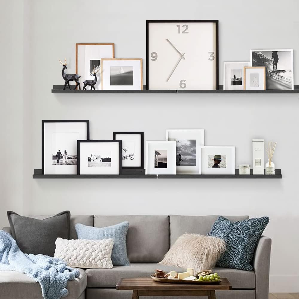 Forbena 36 Inch Photo Picture Ledge Shelf Set of 4, Black Floating Shelves with Lip for Wall, Narrow Long Wood Wall Shelf for Living Room Bedroom Office Classroom Library Books Album Frames Art Decor