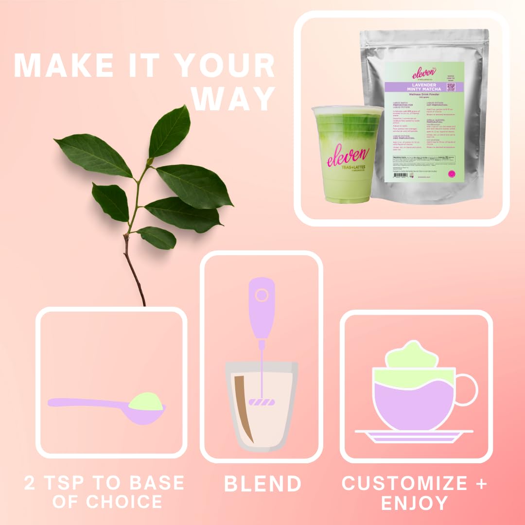 eleven TLC, Minty Lavender Japenese Matcha Powder Wellness Drink Mix, Lavender Matcha Latte Mix, Matcha Latte Powder, Calm Energy, L'theanine, Vegan, Gluten Free, Keto Friendly, 63 Servings