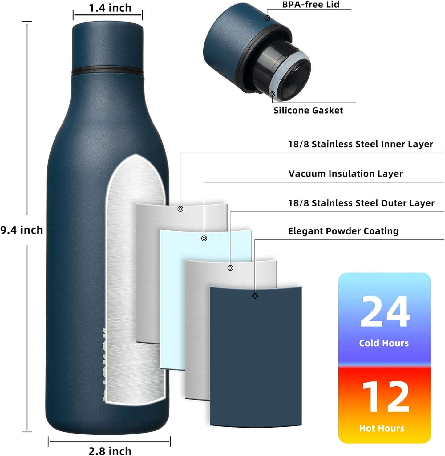 BJPKPK Insulated Water Bottles, 18 oz Stainless Steel Metal Water Bottle with Strap, BPA Free Leak Proof Thermos, Mugs, Flasks, Reusable Water Bottle for Sports & Travel, Navy Blue