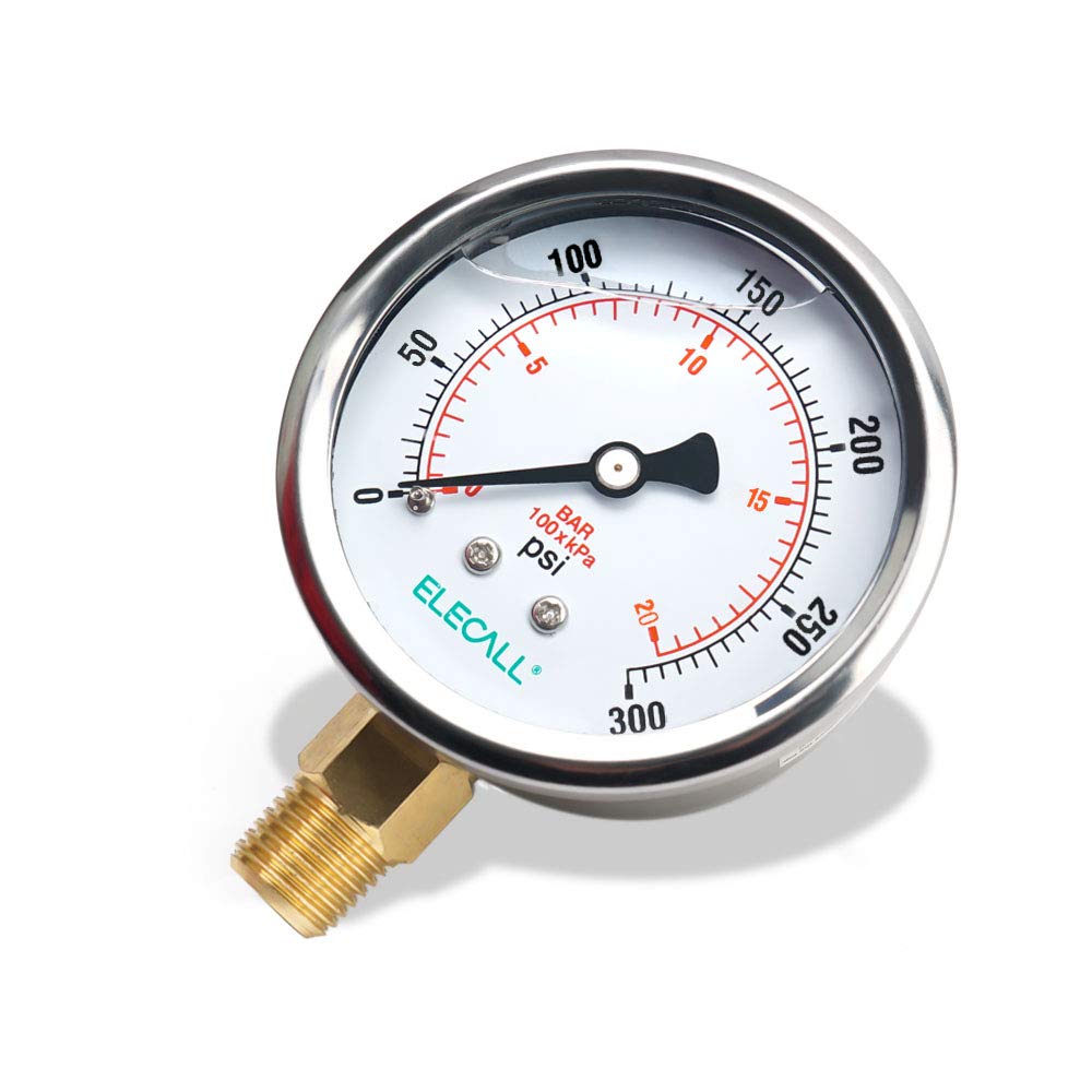 ELECALL 2-1/2" Liquid Glycerin Filled Air Pressure Gauge, 0-300Psi, 1/4" NPT Lower Mount, Stainless Steel Case, Brass Internals, Water Pressure Gauge